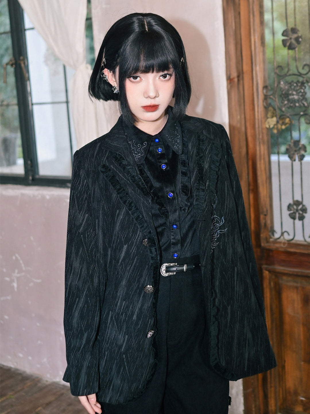 Black Fish Embroidered Ruffle-Trim Corduroy Blazer