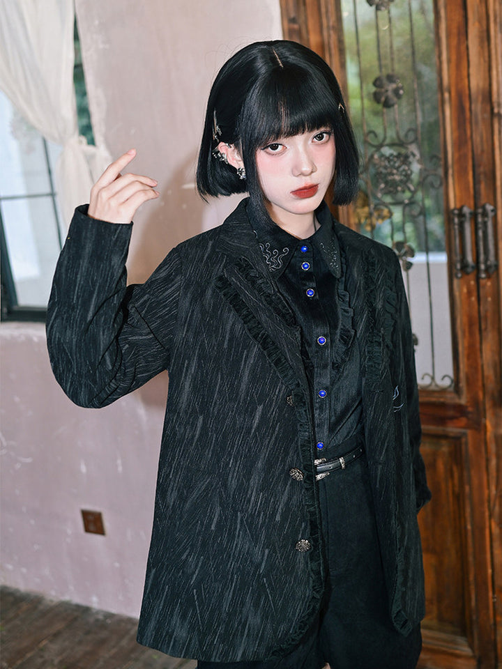 Black Fish Embroidered Ruffle-Trim Corduroy Blazer