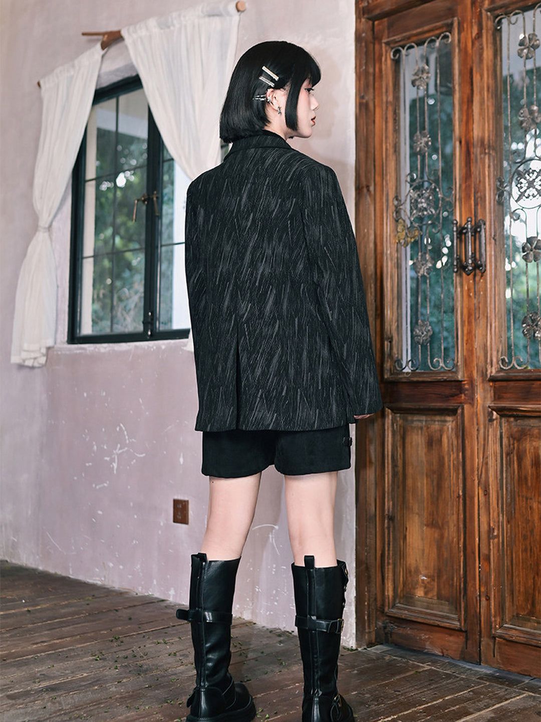 Black Fish Embroidered Ruffle-Trim Corduroy Blazer