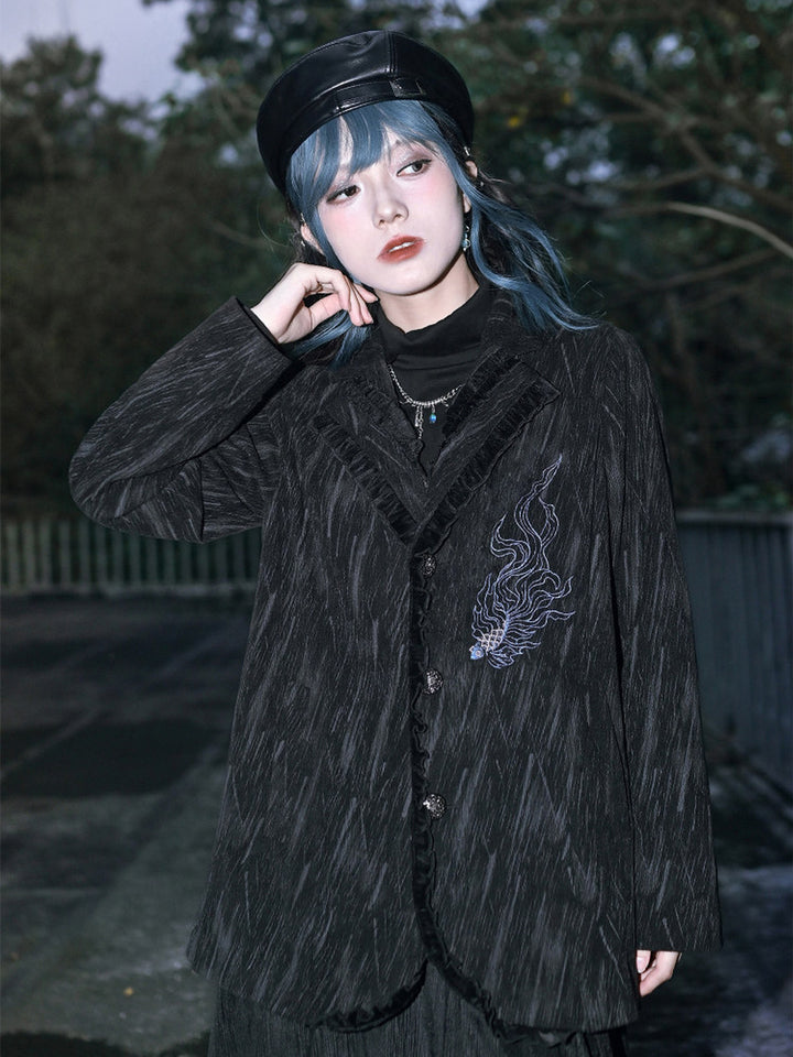 Black Fish Embroidered Ruffle-Trim Corduroy Blazer