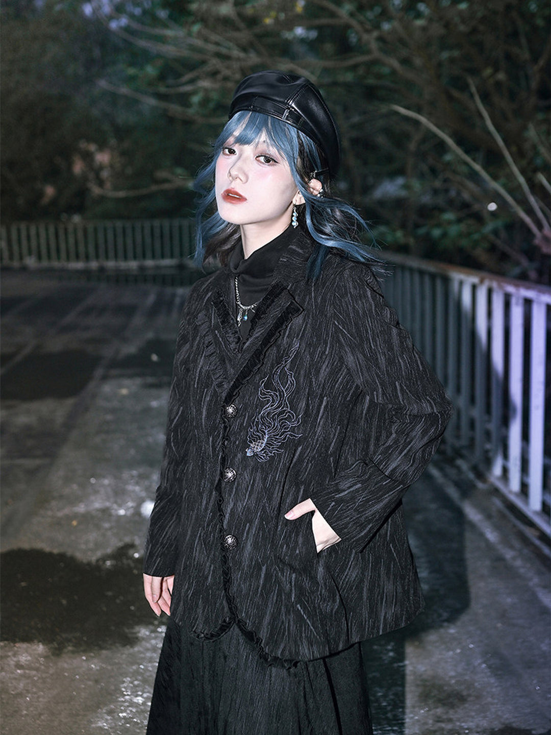 Black Fish Embroidered Ruffle-Trim Corduroy Blazer