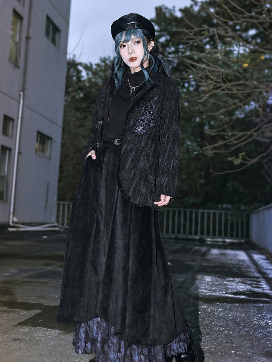 Black Fish Embroidered Ruffle-Trim Corduroy Blazer