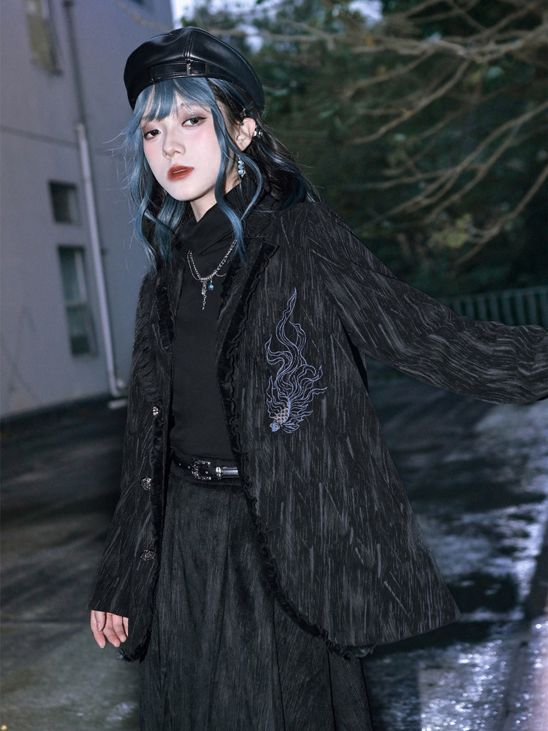 Black Fish Embroidered Ruffle-Trim Corduroy Blazer