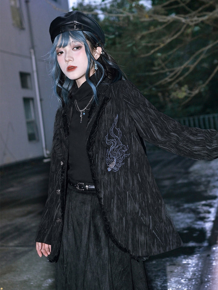 Black Fish Embroidered Ruffle-Trim Corduroy Blazer