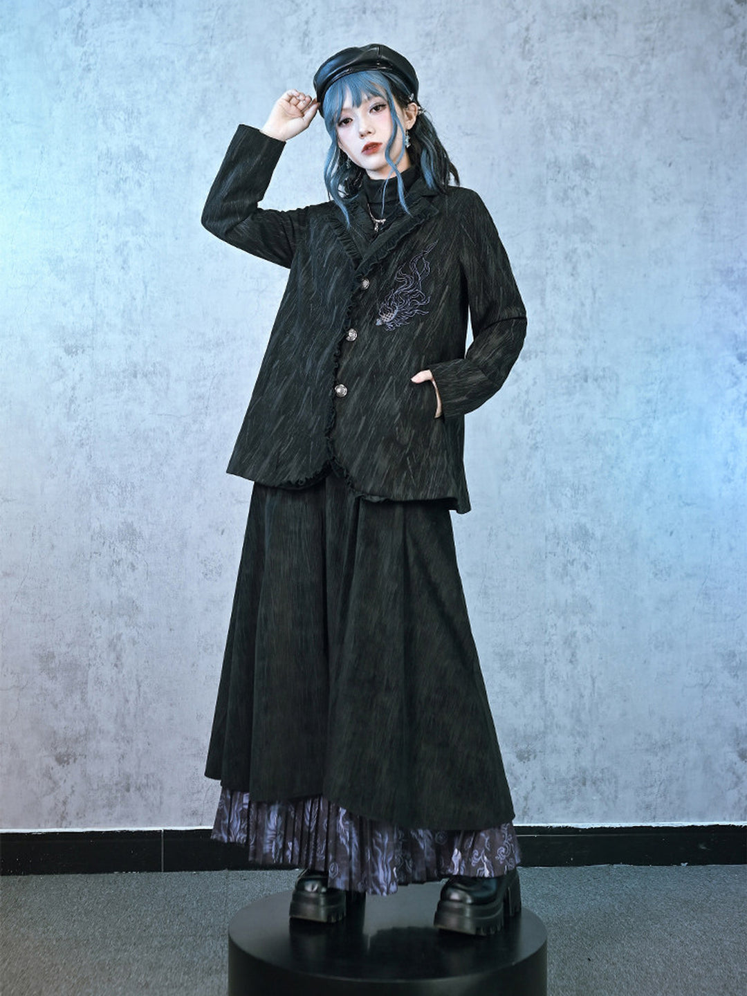 Black Fish Embroidered Ruffle-Trim Corduroy Blazer
