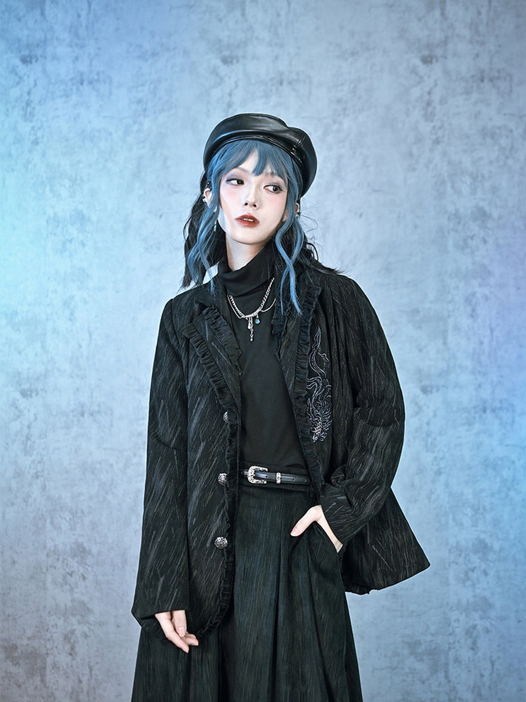 Black Fish Embroidered Ruffle-Trim Corduroy Blazer