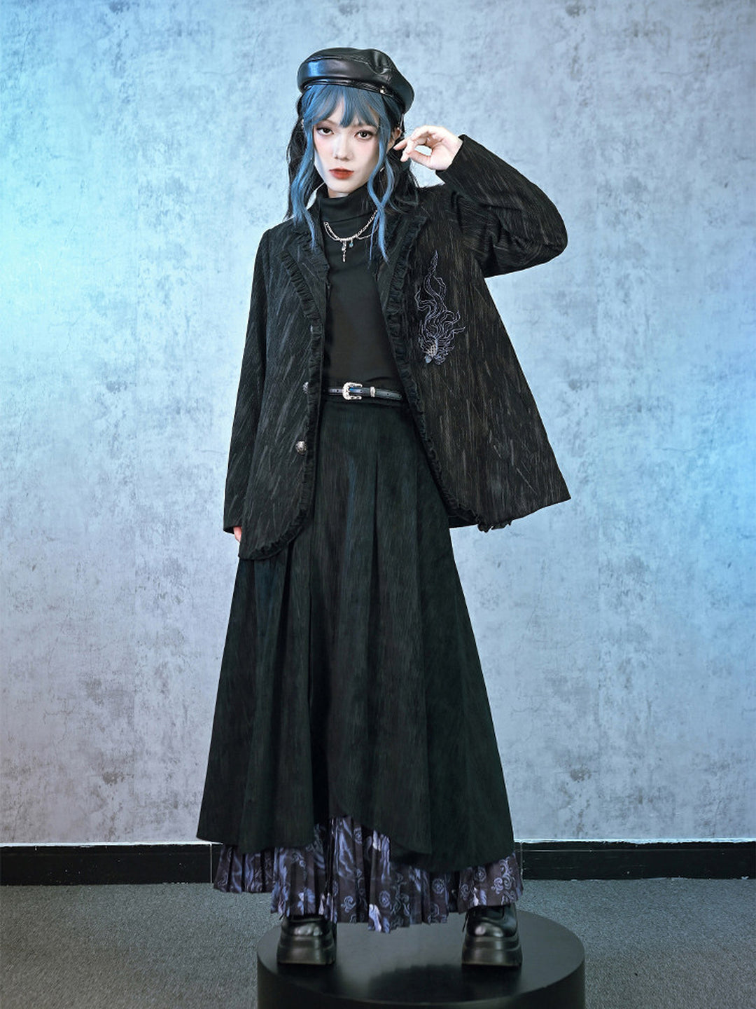 Black Fish Embroidered Ruffle-Trim Corduroy Blazer