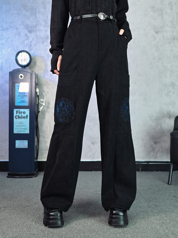 Black Betta Fish Embroidered Pocket Wide-Leg Pants