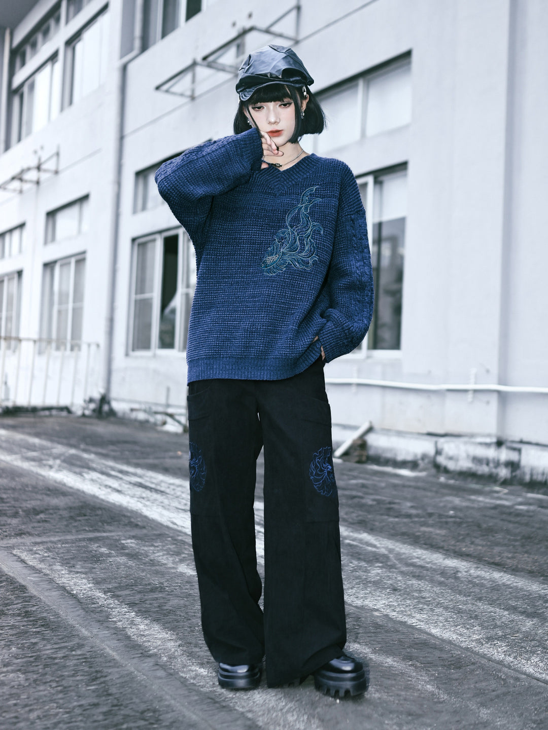 Black Betta Fish Embroidered Pocket Wide-Leg Pants