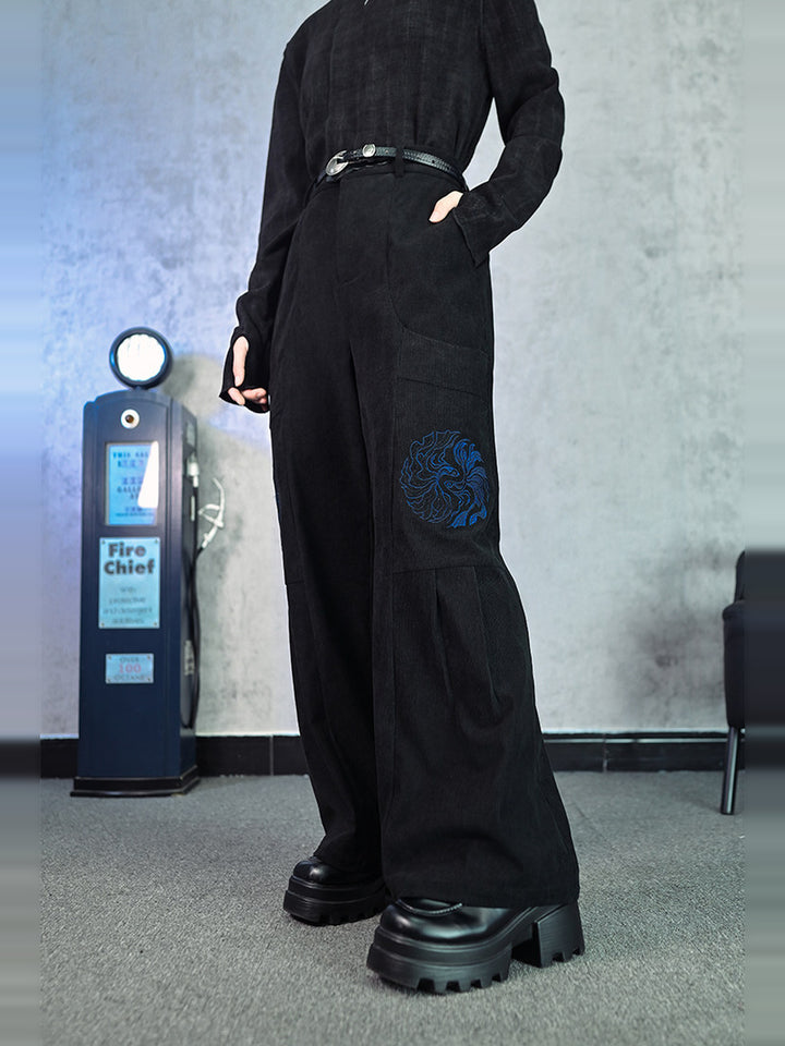 Black Betta Fish Embroidered Pocket Wide-Leg Pants