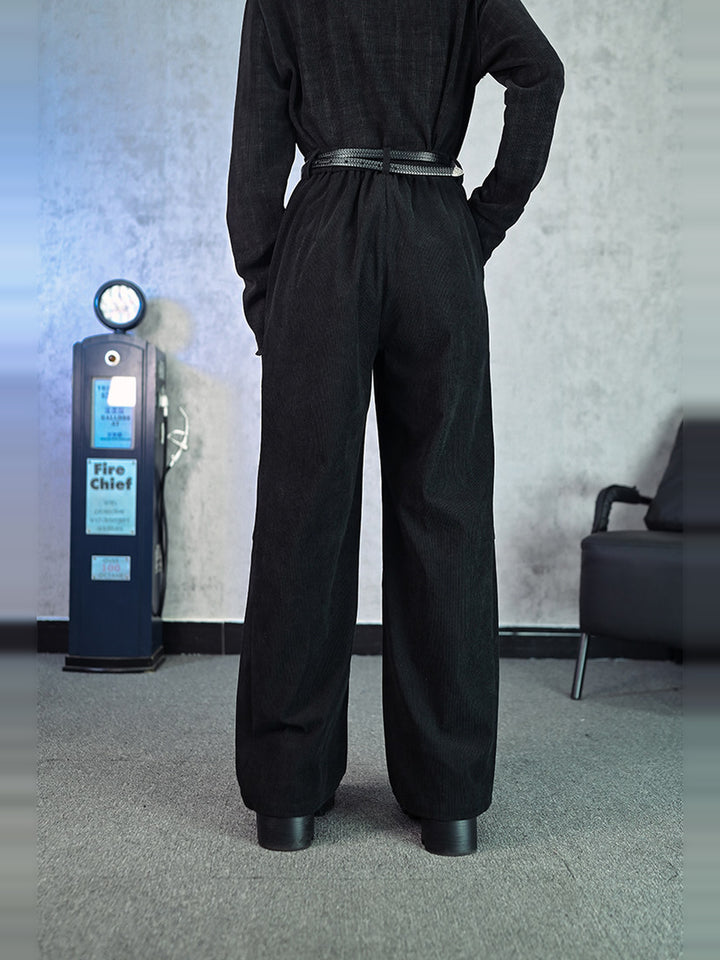 Black Betta Fish Embroidered Pocket Wide-Leg Pants