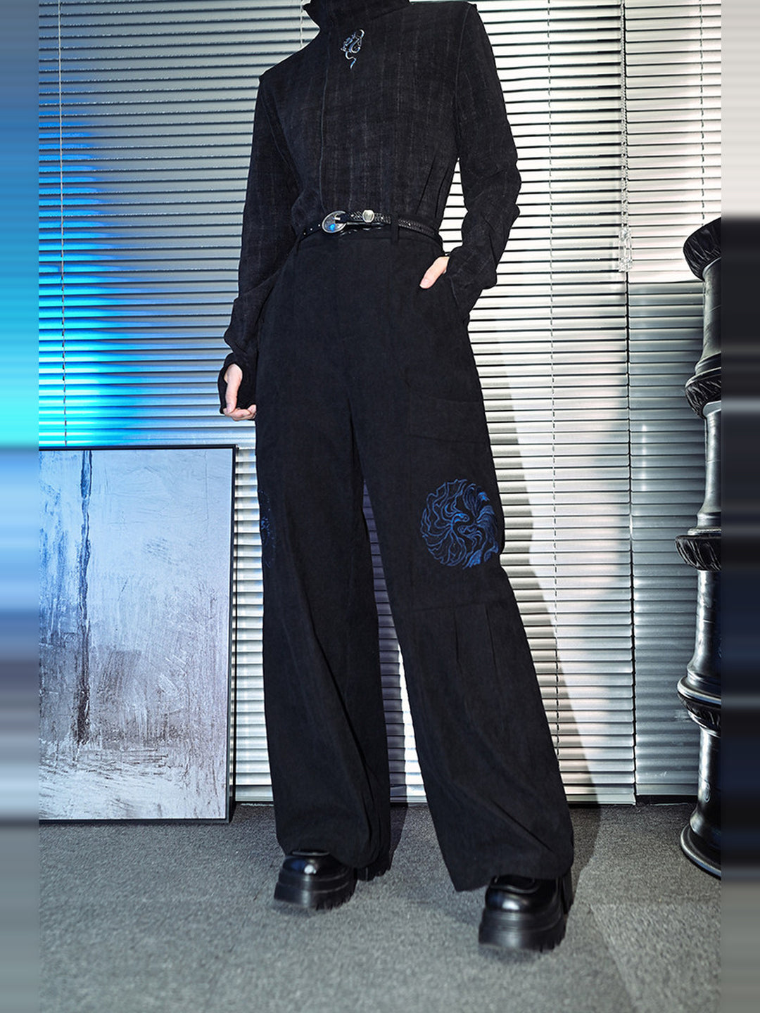 Black Betta Fish Embroidered Pocket Wide-Leg Pants