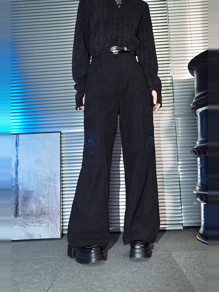 Black Betta Fish Embroidered Pocket Wide-Leg Pants
