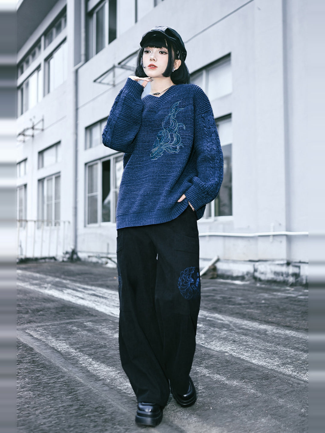 Black Betta Fish Embroidered Pocket Wide-Leg Pants