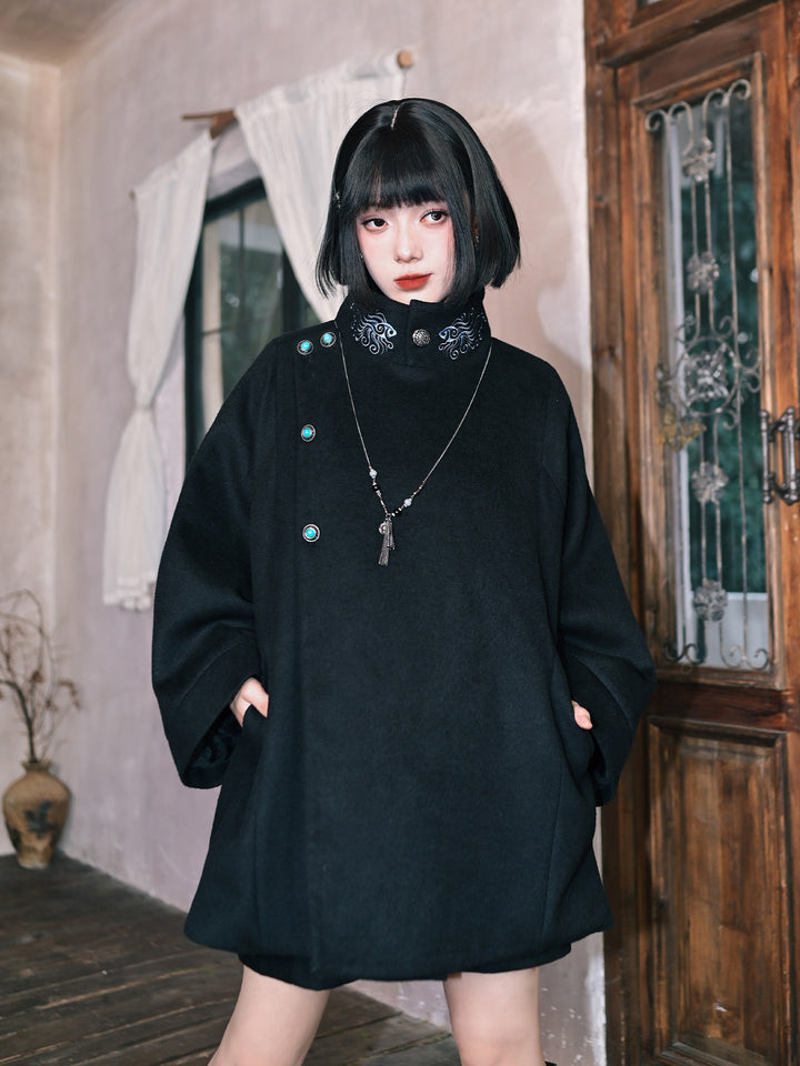 Black Embroidered Stand-Collar Cape Coat