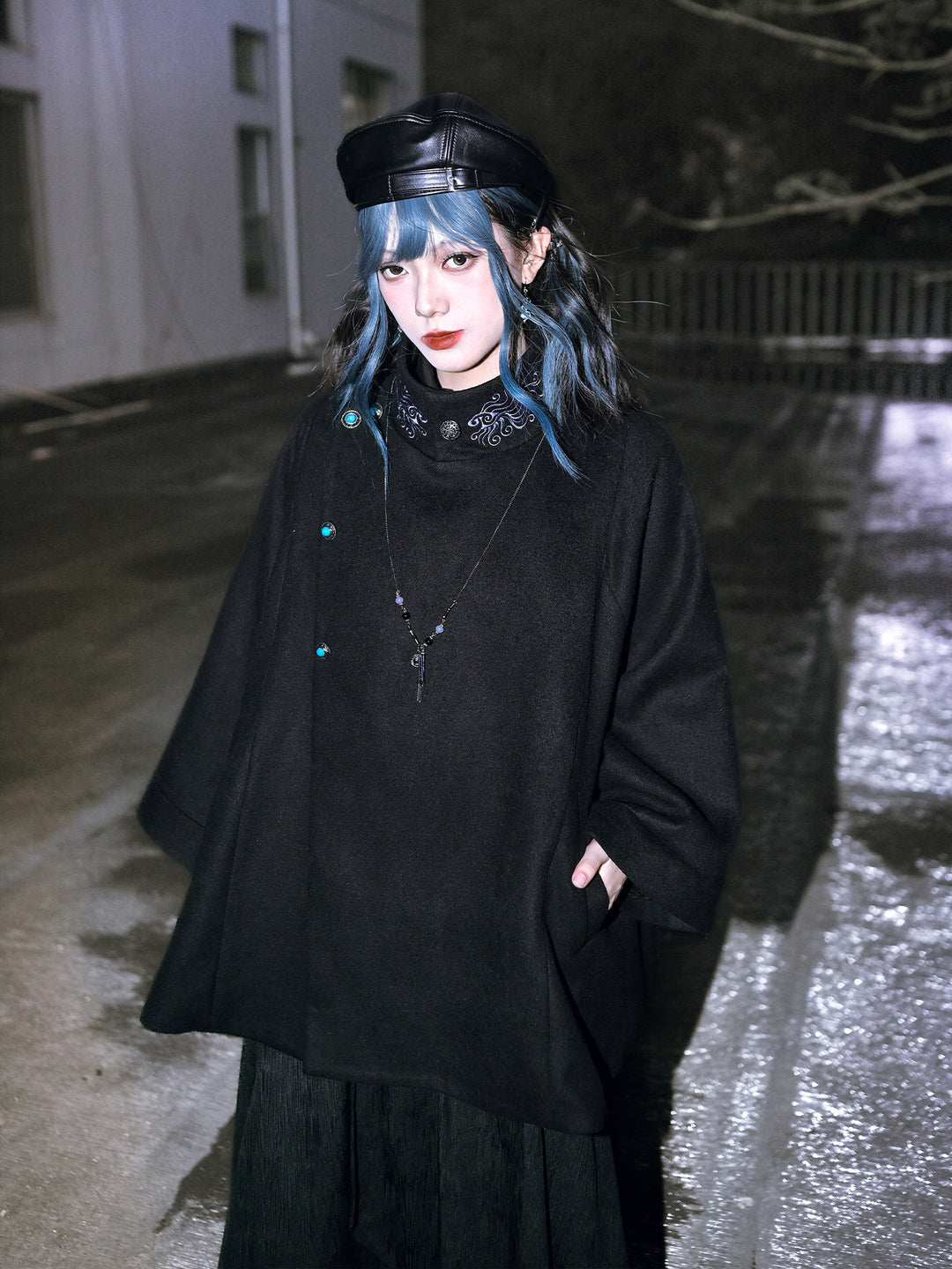 Black Embroidered Stand-Collar Cape Coat