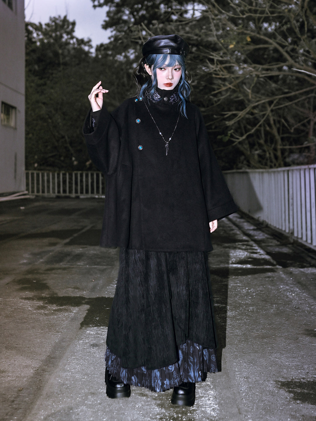 Black Embroidered Stand-Collar Cape Coat
