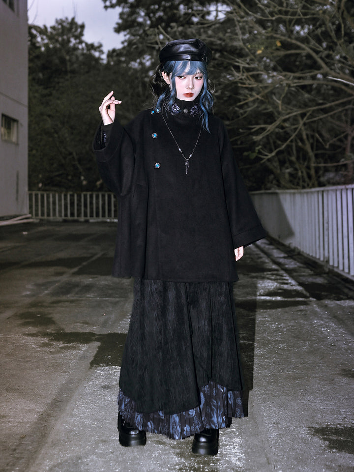 Black Embroidered Stand-Collar Cape Coat