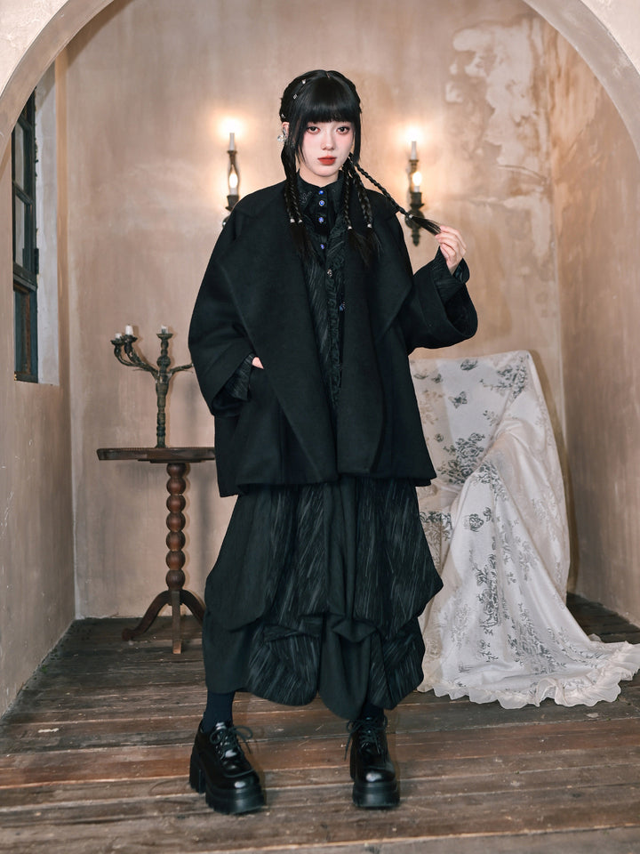 Black Embroidered Stand-Collar Cape Coat