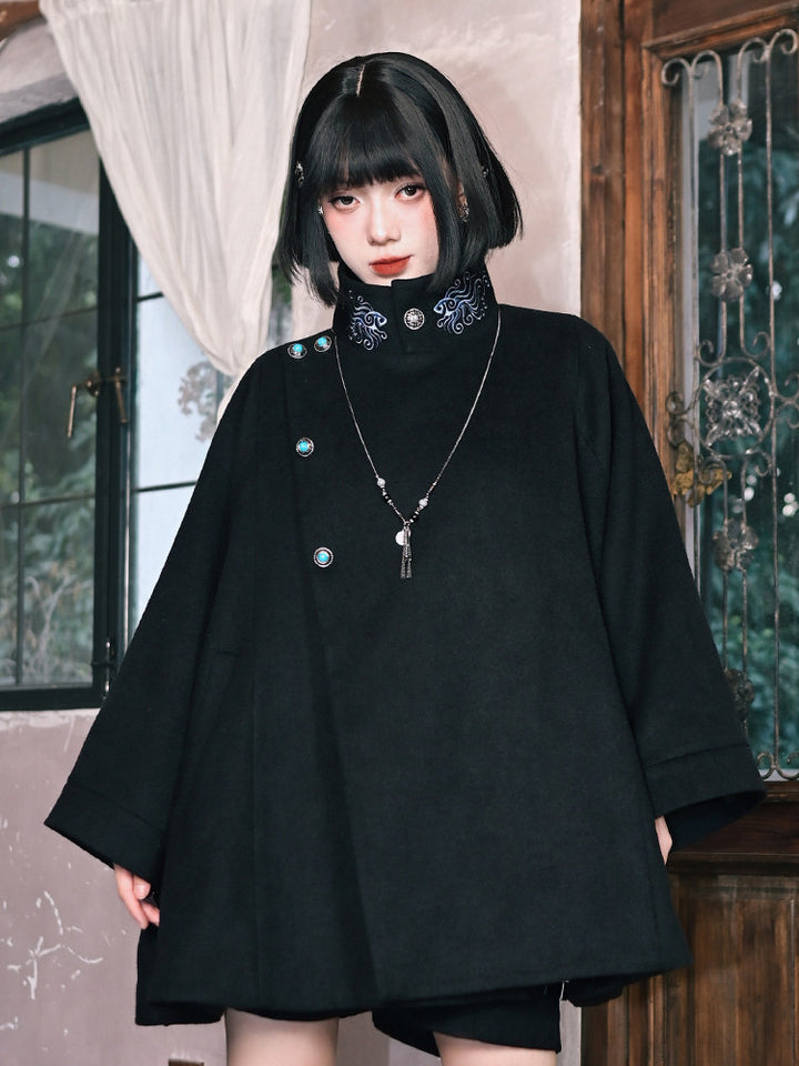 Black Embroidered Stand-Collar Cape Coat
