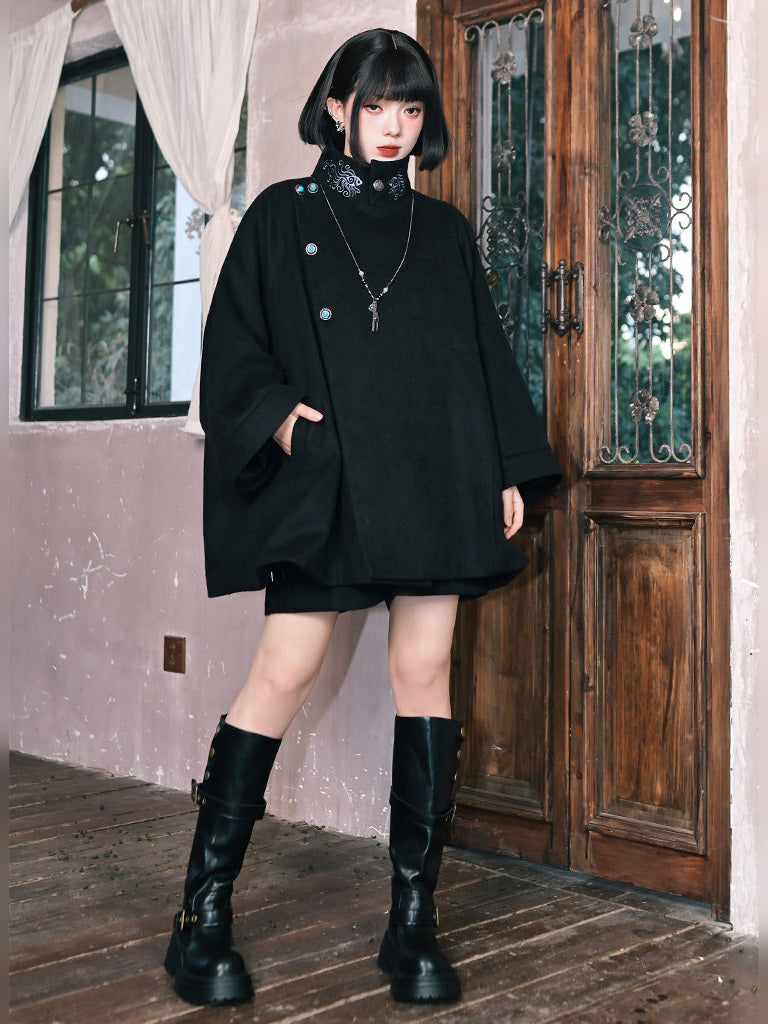 Black Embroidered Stand-Collar Cape Coat