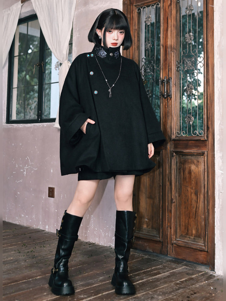 Black Embroidered Stand-Collar Cape Coat