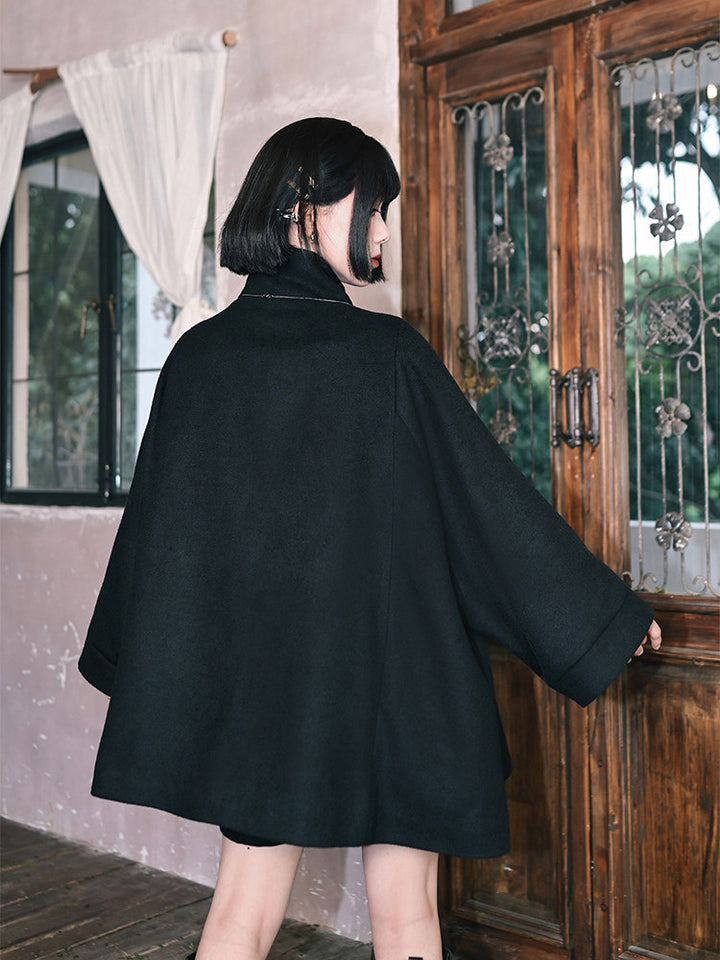 Black Embroidered Stand-Collar Cape Coat