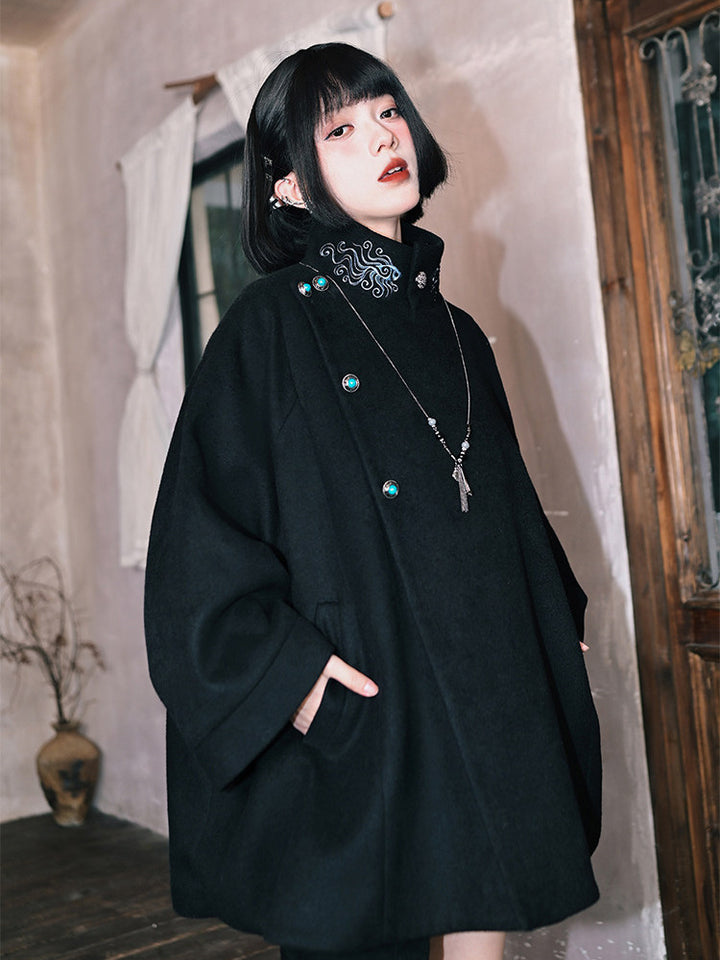 Black Embroidered Stand-Collar Cape Coat