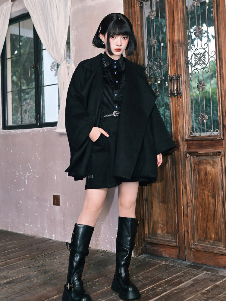 Black Embroidered Stand-Collar Cape Coat