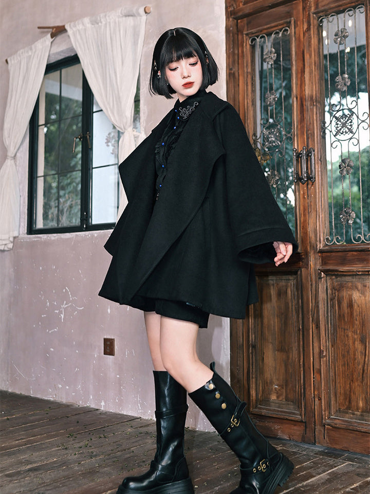 Black Embroidered Stand-Collar Cape Coat