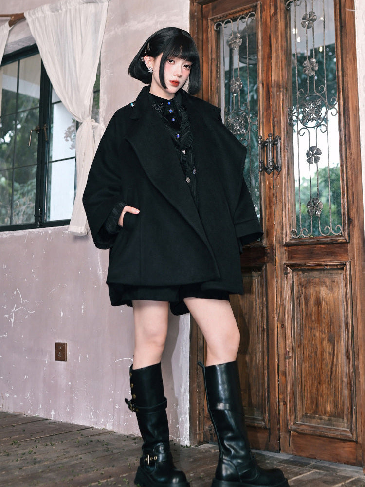 Black Embroidered Stand-Collar Cape Coat