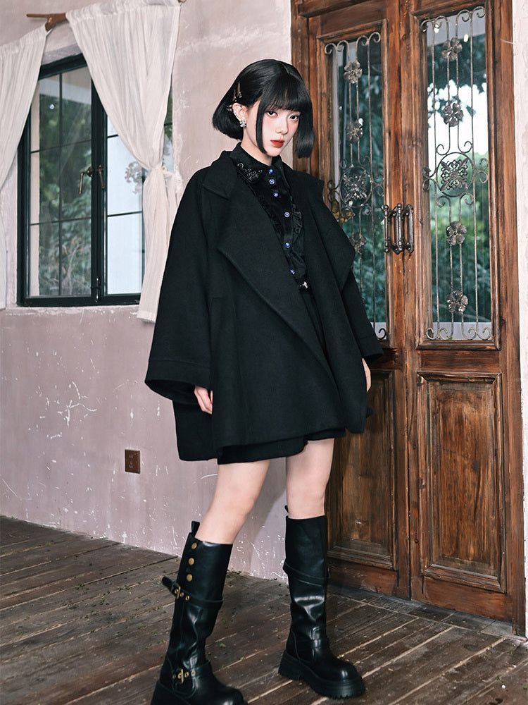 Black Embroidered Stand-Collar Cape Coat
