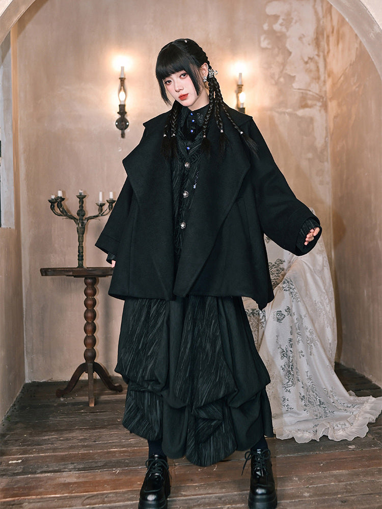 Black Embroidered Stand-Collar Cape Coat