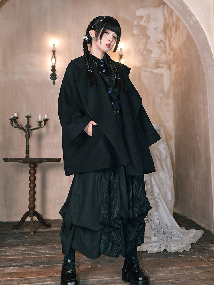 Black Embroidered Stand-Collar Cape Coat