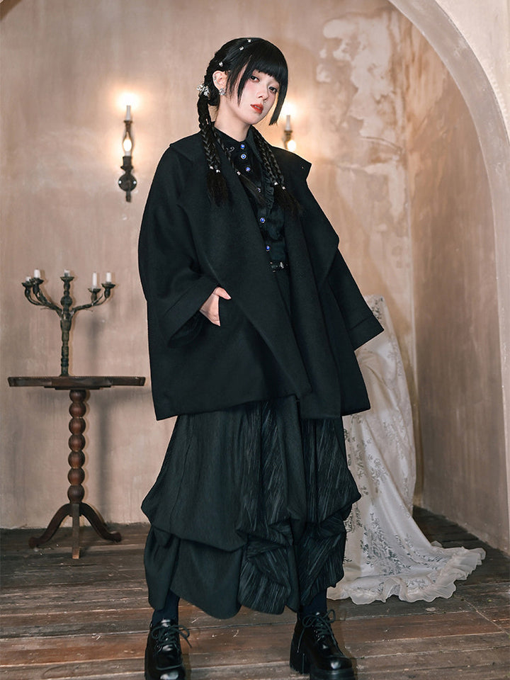 Black Embroidered Stand-Collar Cape Coat