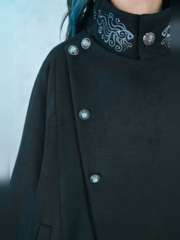 Black Embroidered Stand-Collar Cape Coat