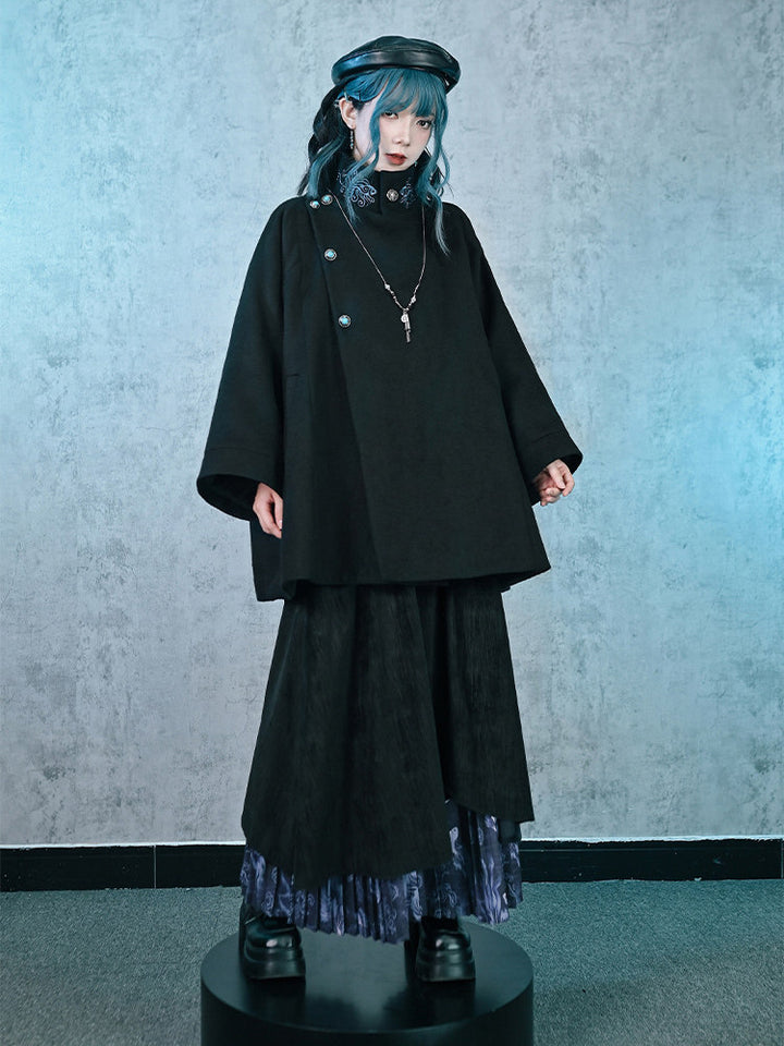 Black Embroidered Stand-Collar Cape Coat