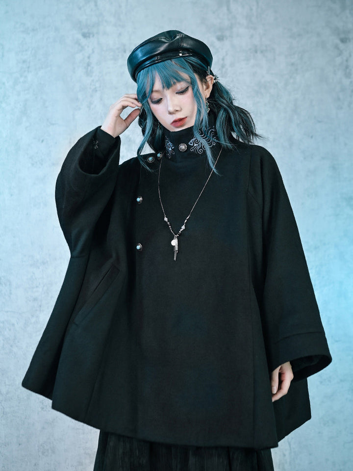 Black Embroidered Stand-Collar Cape Coat
