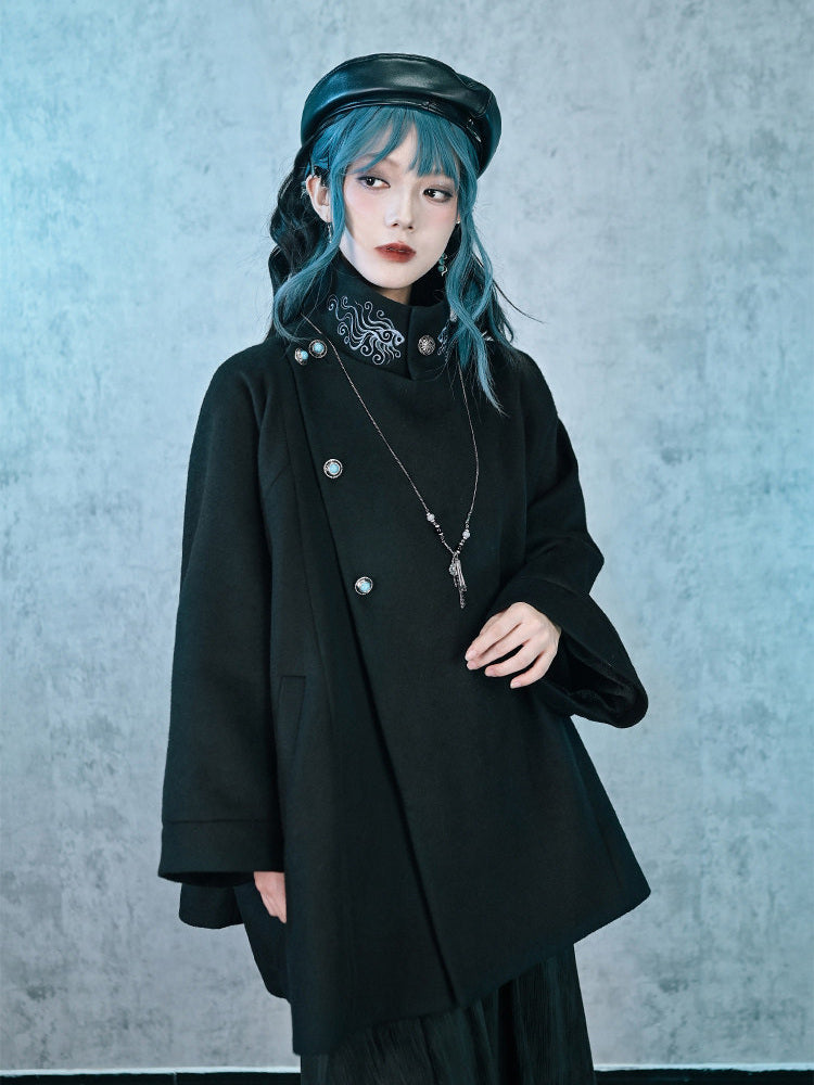 Black Embroidered Stand-Collar Cape Coat