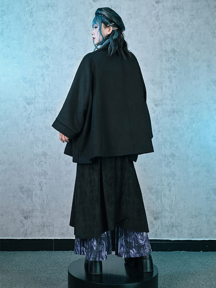 Black Embroidered Stand-Collar Cape Coat