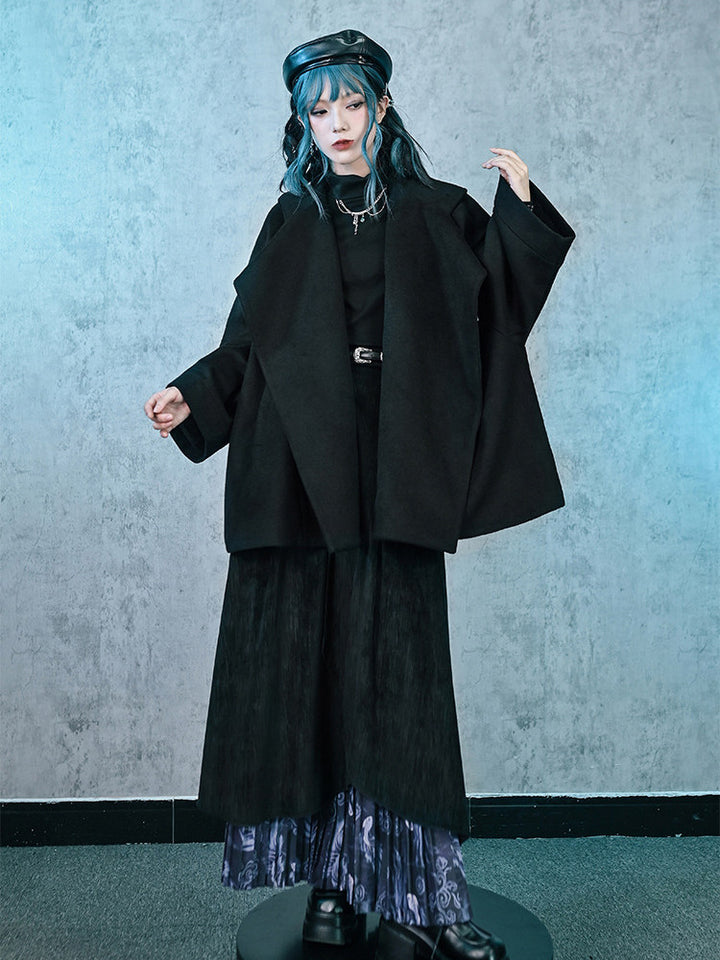 Black Embroidered Stand-Collar Cape Coat