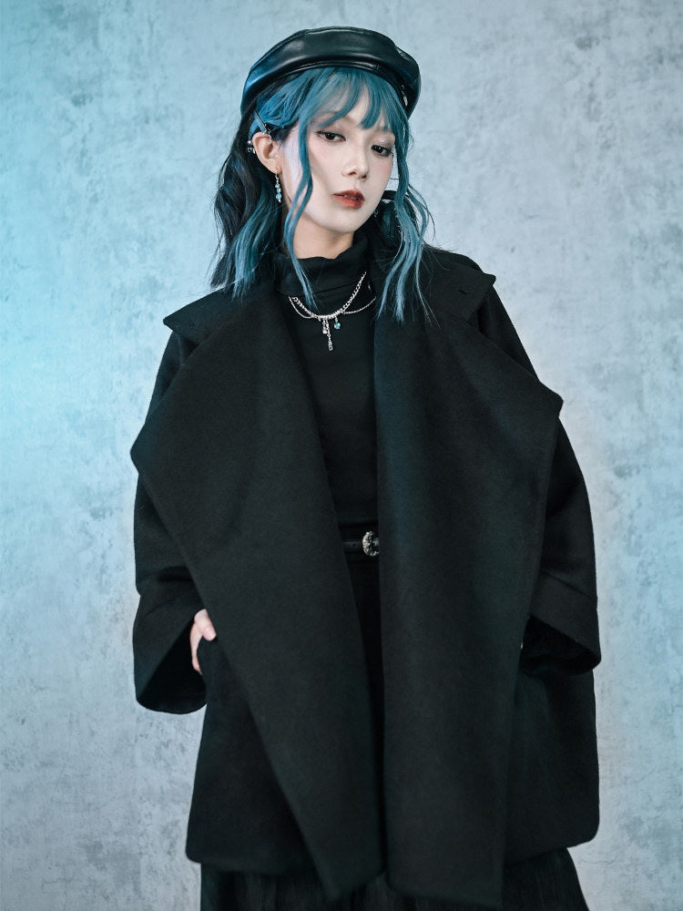 Black Embroidered Stand-Collar Cape Coat