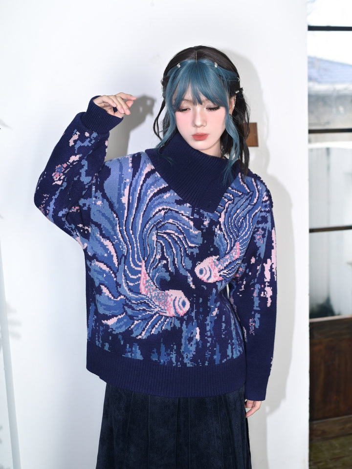 Blue Betta Fish Jacquard Convertible-Neck Sweater