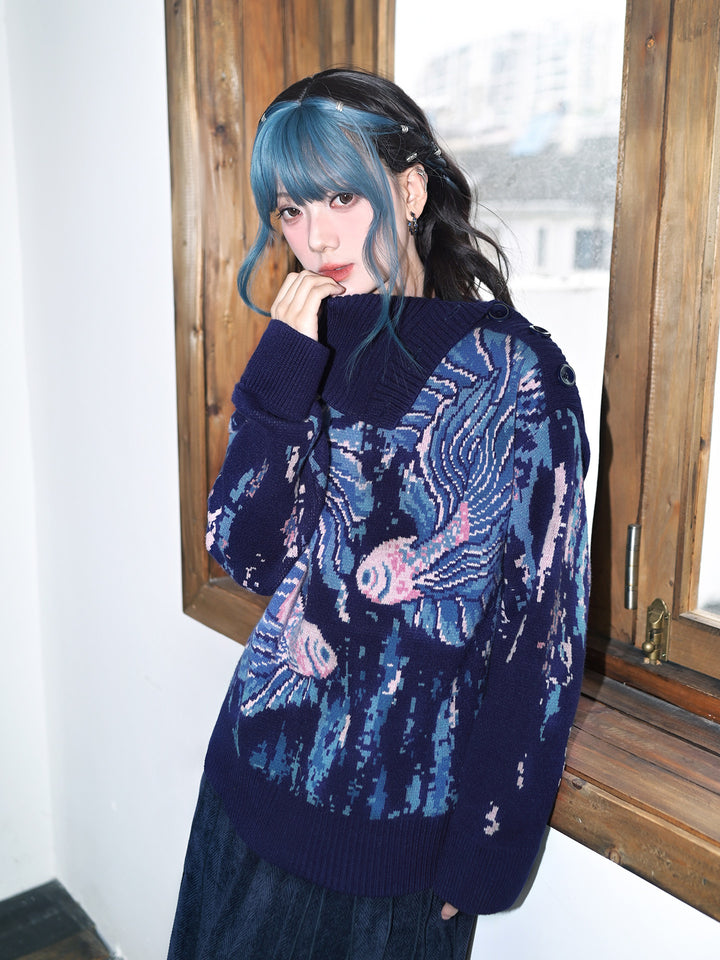 Blue Betta Fish Jacquard Convertible-Neck Sweater