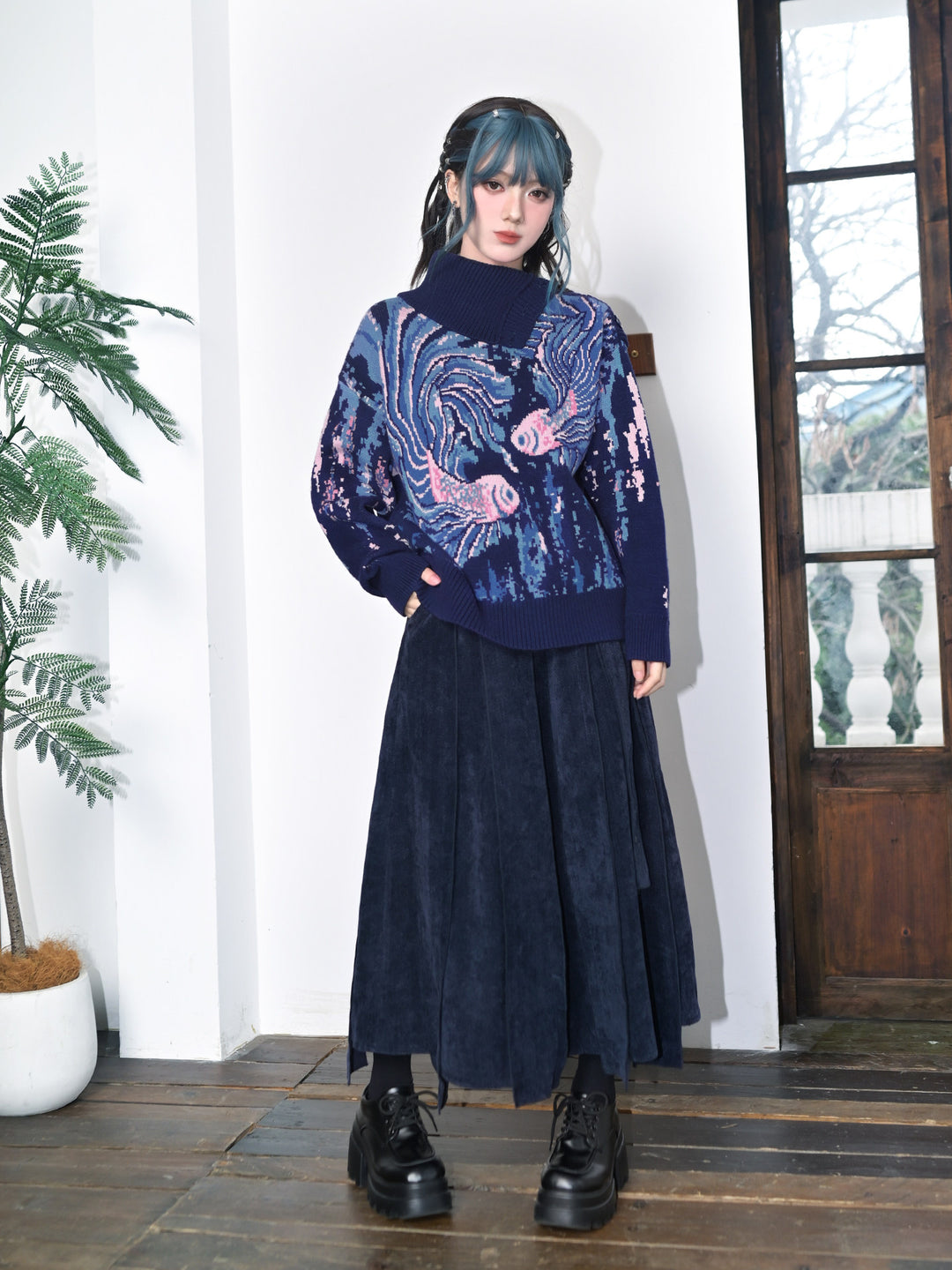 Blue Betta Fish Jacquard Convertible-Neck Sweater