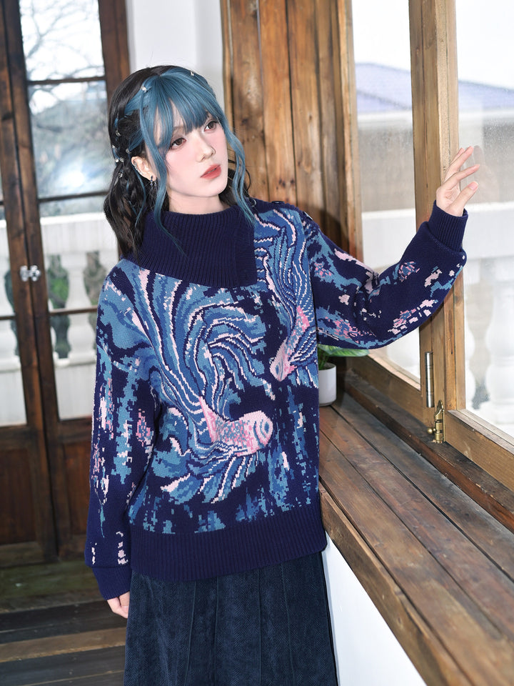 Blue Betta Fish Jacquard Convertible-Neck Sweater