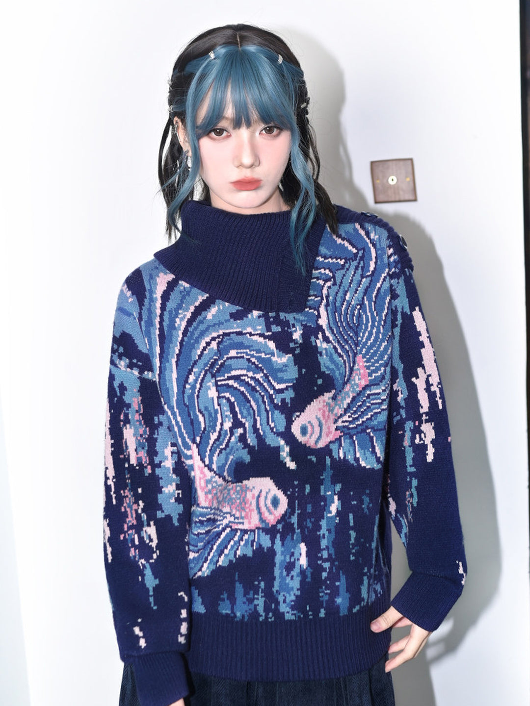 Blue Betta Fish Jacquard Convertible-Neck Sweater