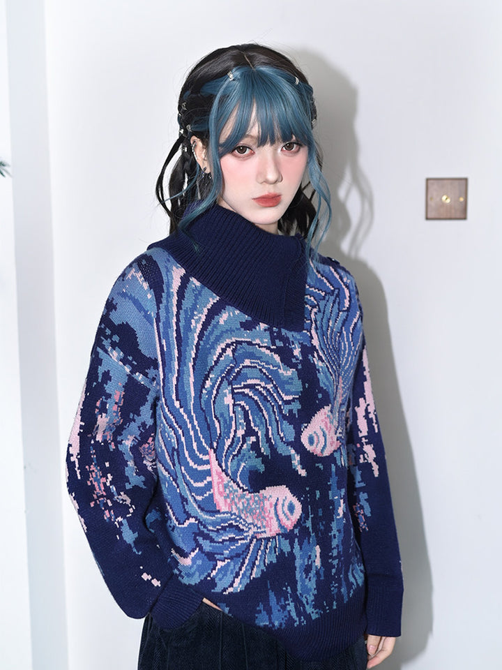 Blue Betta Fish Jacquard Convertible-Neck Sweater
