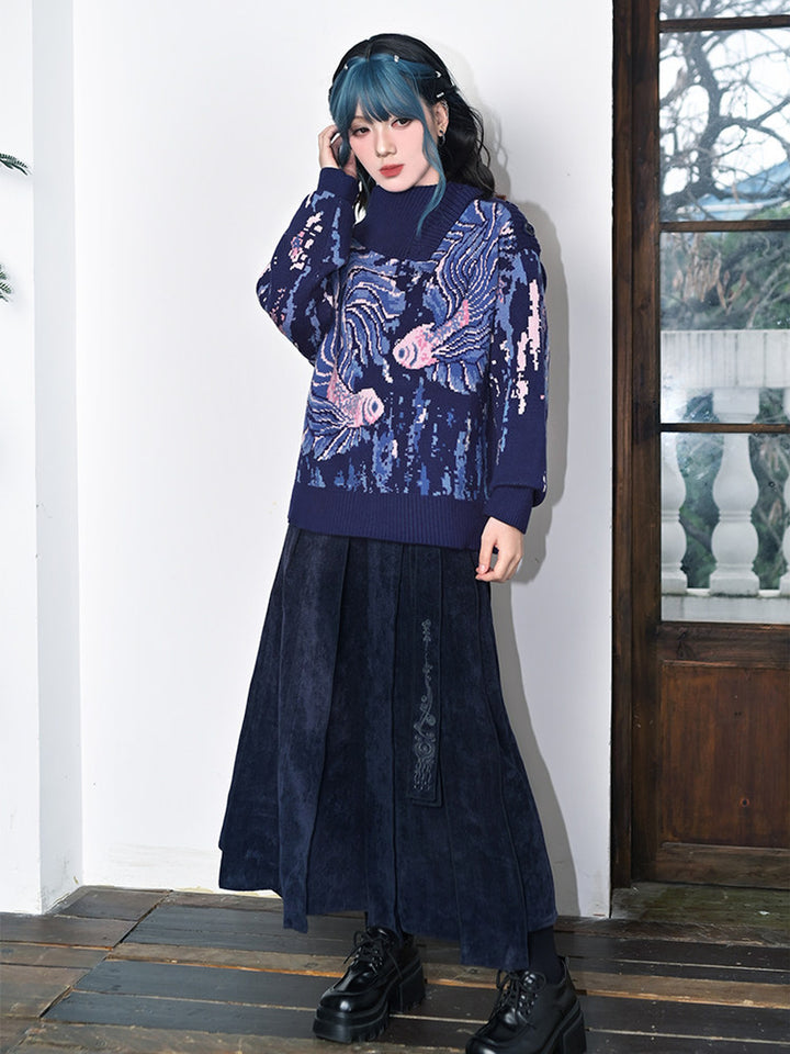 Blue Betta Fish Jacquard Convertible-Neck Sweater