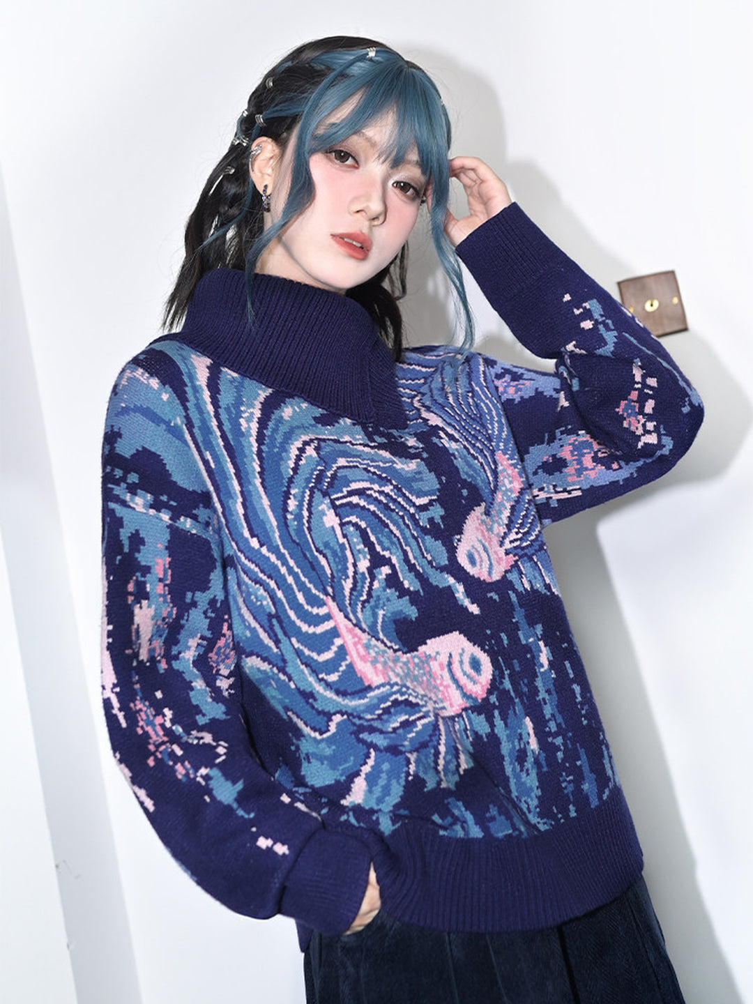 Blue Betta Fish Jacquard Convertible-Neck Sweater